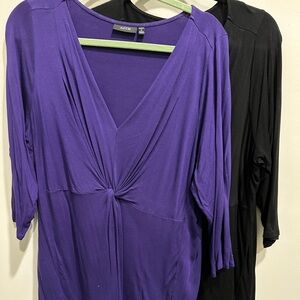 Set of 2 long sleeve tunic length pullover tops - 1X Purple and Black